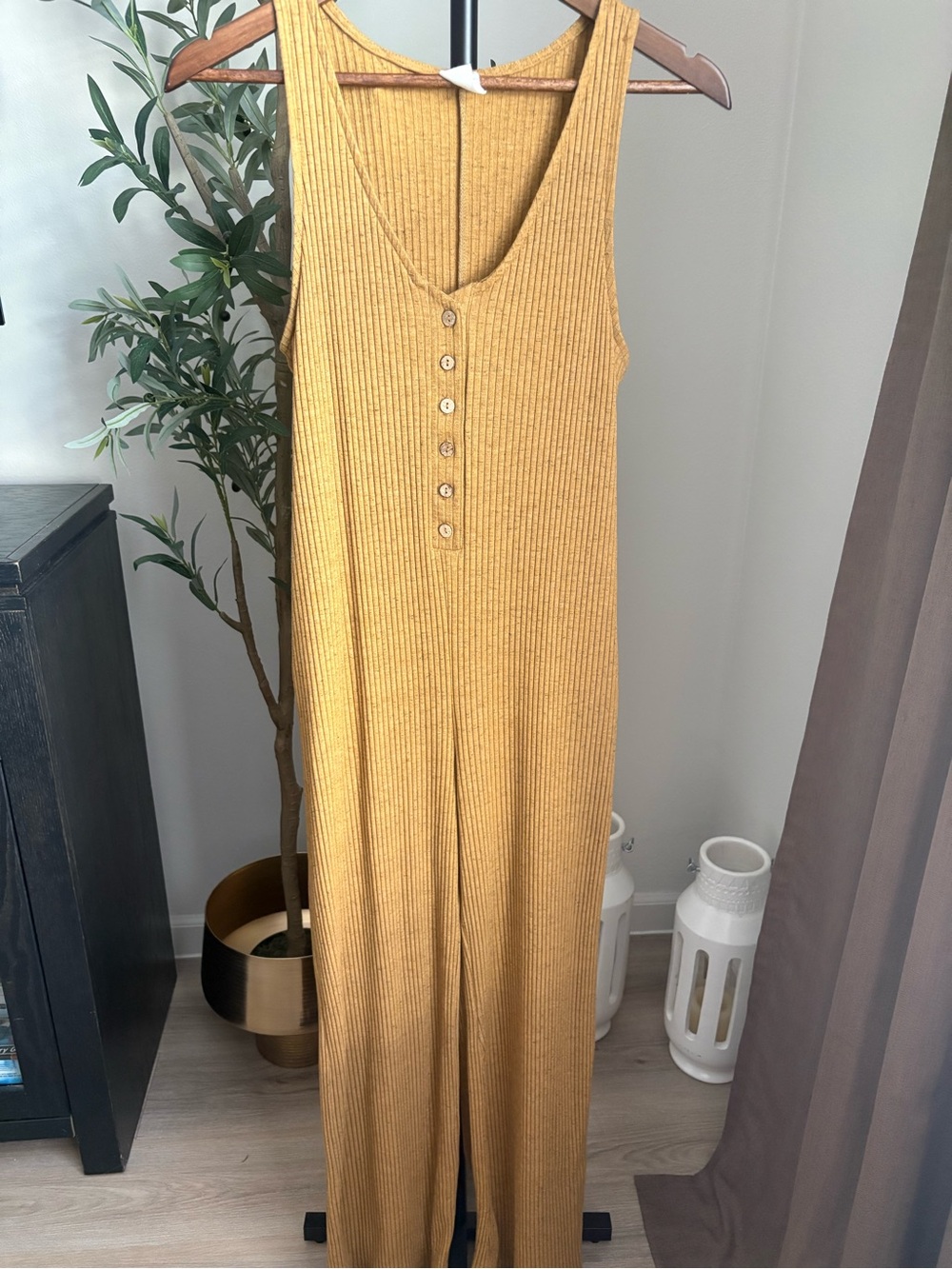 Ribbed Wide Leg Jumpsuit in Yellow Like New